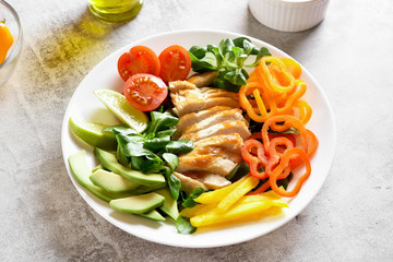 Vegetable salad with roasted chicken breast