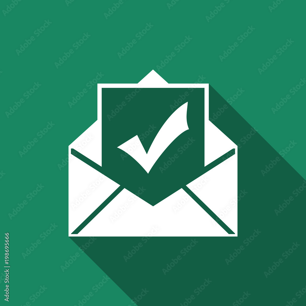 Poster envelope with document and check mark icon isolated with long shadow. successful e-mail delivery, em