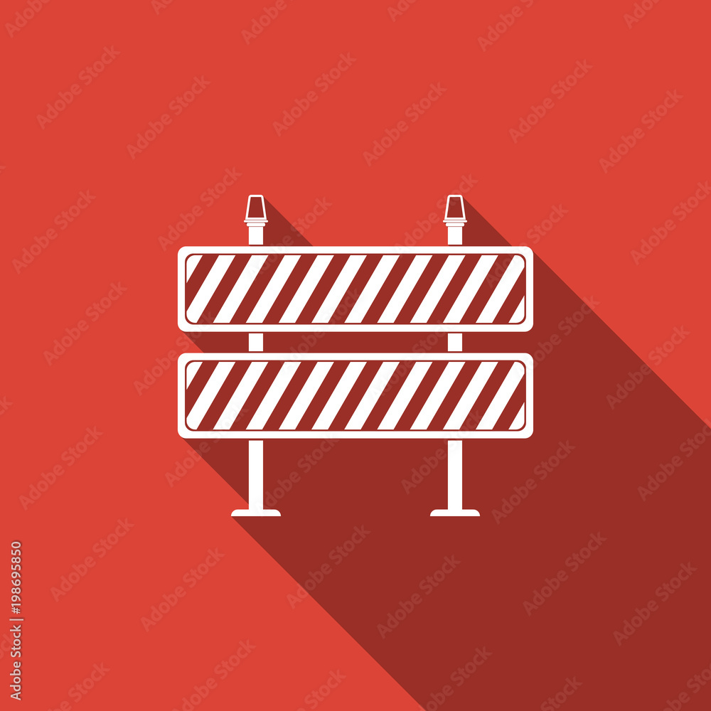 Poster road barrier icon isolated with long shadow. symbol of restricted area which are in under constructi