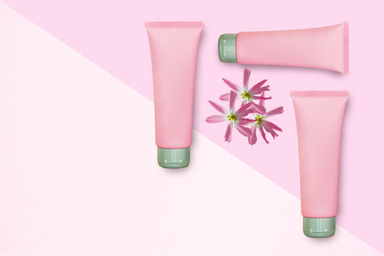 Cosmetics Products, Cosmetic Set In Spa Concept Pink Branding Mock-up, Top View,