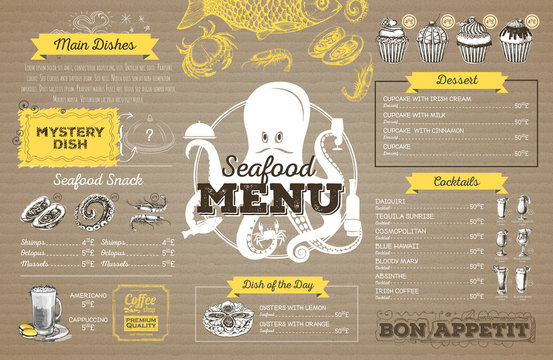Vintage seafood menu design on cardboard. Restaurant menu