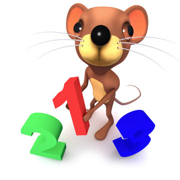 3d Funny cartoon mouse character playing with numbers