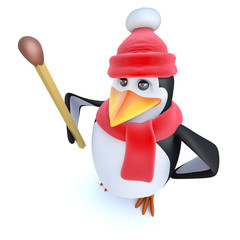 3d Funny cartoon penguin character dressed for winter holding a match