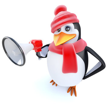 3d Funny cartoon penguin character dressed for winter and holding a megaphone