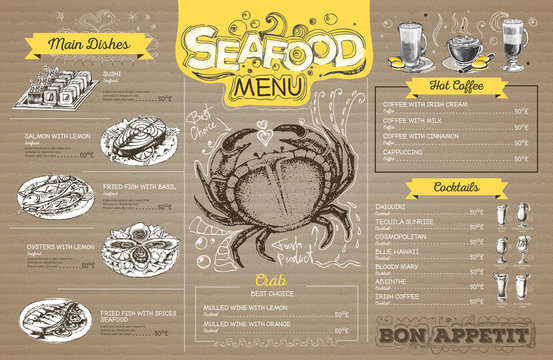Vintage seafood menu design on cardboard. Restaurant menu