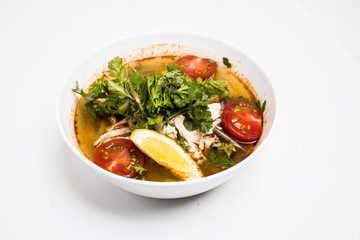 食べ物, スープ, 食事, 料理, 野菜, ボウル, ダイナー, 肉, 料理, ランチ, 皿, 健康な, ニワトリ, 野菜, おいしい, 緑, タイ人, 白, タマネギ, トマト, 熱い, 美食家, ヌードル, エビ, コショウ