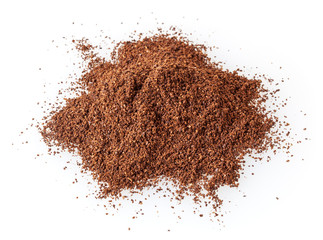 Heap of ground roasted coffee beans isolated on white background