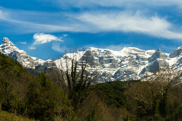 Tzoumerka mountain peaks  in spring time,  snow on the top, epirus greece , for travel background