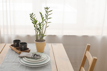 Table served with plates and potted plant in the apartment. 