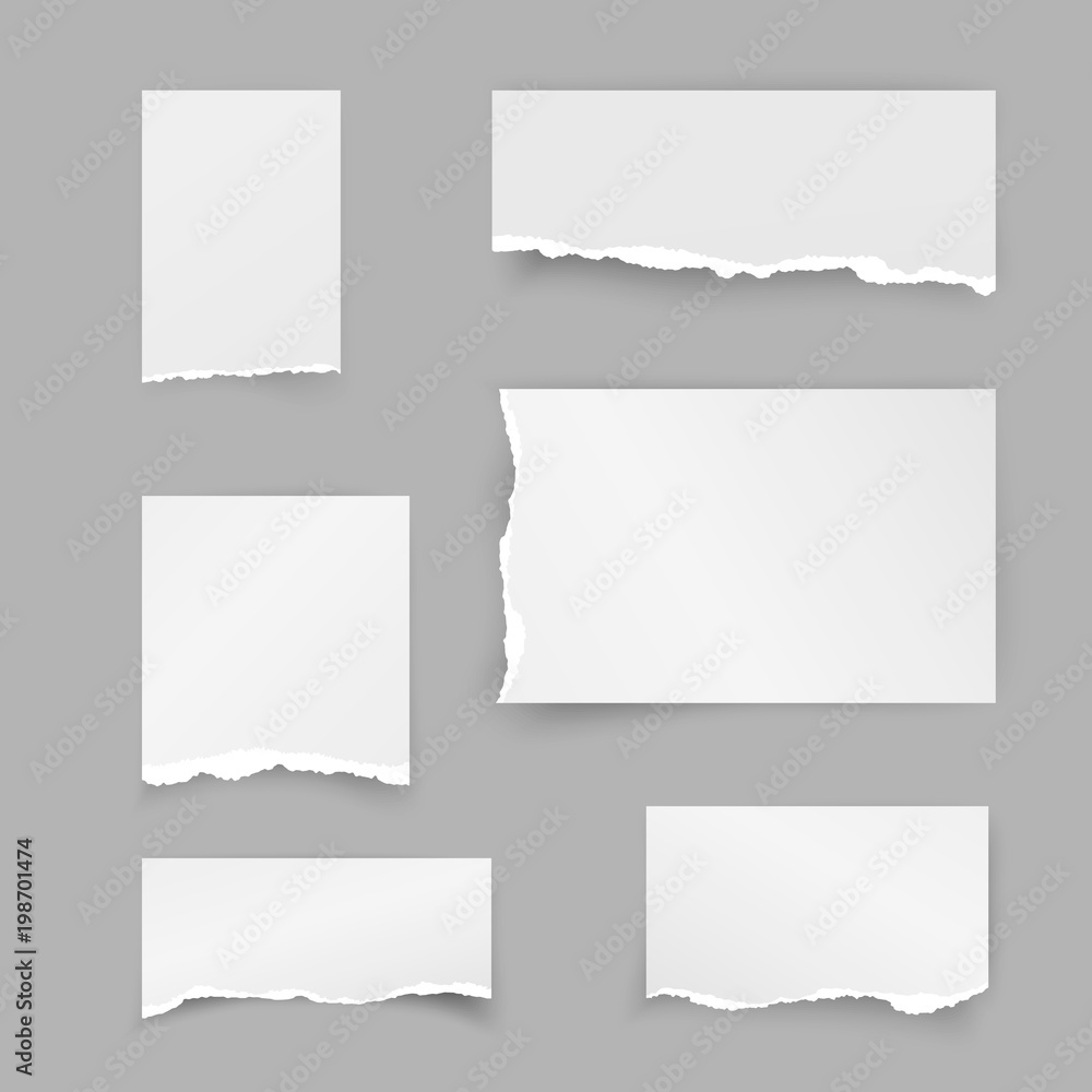 Poster set of torn paper pieces. scrap paper. object strip with shadow isolated on gray background. vector 