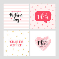 Vector set of square cards for Mother's day. Pink hand drawn heart. Vector illustration. Vector card, badge for Mother's day. Love Mom concept. Happy Mother's day. 