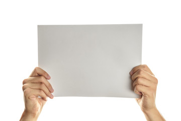 Hand hold paper banner. Empty sign poster in men hands for you text. Business concept on white isolated background.