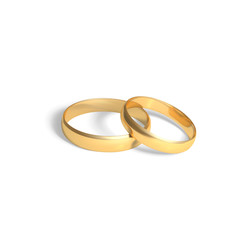 Two golden rings.  Gold wedding rings pair. Vector 3D realistic illustration isolated on white background
