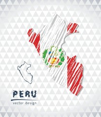 Peru vector map with flag inside isolated on a white background. Sketch chalk hand drawn illustration