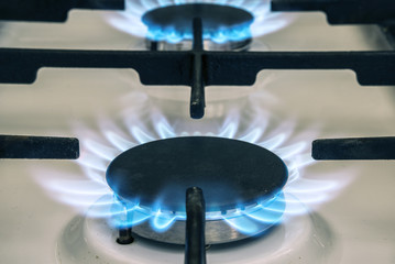 Gas stove flame on kitchen. Blue fire flame from stove.