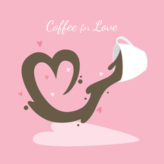 Cartoon cute coffee , Splash coffee is heart-shaped vector. Pink background.