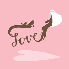 Cartoon cute coffee love, Splash is the word love vector. Pink background.