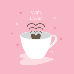 Cartoon cute wifi , coffee is heart-shaped wifi vector. Pink background.