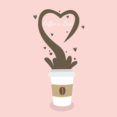 Cartoon paper cup coffee love, Splash  is the heart-shaped vector. Pink background.