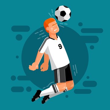 Football player of the German national team in white and black uniforms strikes the ball with the head. Soccer forward.