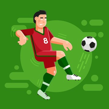 Portuguese football player in a classic dark red uniform controls the ball. Illustration in a flat style.