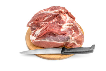 Raw meat with knife on cutting board on white background. Top view.