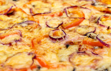 Baked pizza as food background. Close up.