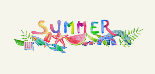 Colorful Summer Label in Watercolor created by Hand Drawn, Beach Accessories Illustration. included Text