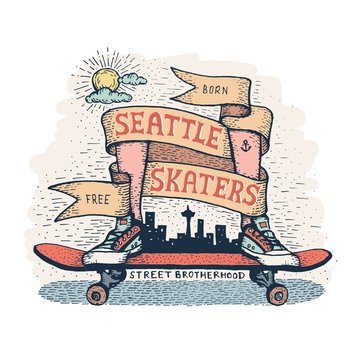 Legs in sneakers standing on skateboard, surrounded by  heraldic ribbon with inscription. Handcrafted color emblem in a hipster style, dedicated to skaters of Seattle.