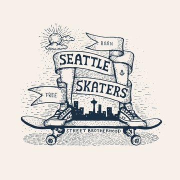 Skateboarding emblem in sketch style