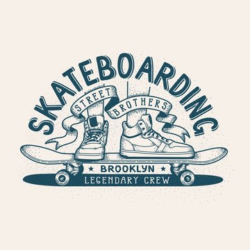 Skateboarding retro emblem. Monochrome print design with feet in sneakers and skateboard.