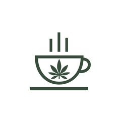 Logo of coffee shop. Leaf of cannabis on cup. Cannabis herbal tea and marijuana leaves. Icon Logo Template. Health and Medical therapy. Isolated vector illustration on white background.