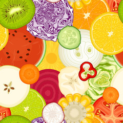 Seamless background of sliced vegetables and fruits. A multicolored pattern of food. Vector.