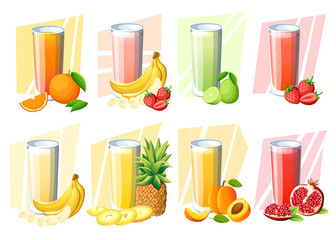 Set of juices and smoothies. Fresh fruit drink in glass. Peach, strawberry, banana, lime, pomegranate, orange, pineapple. Vector illustration isolated on white background