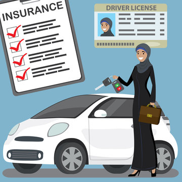 muslim woman with car key and modern white car