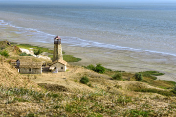 Lighthouse near Merzhanovo. Sea of Azov, Rostov-on-Don beacon landscape background.