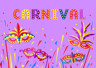 Fototapeta na wymiar Carnival concept with carnival face masks. Masks for party decoration or masquerade. Mask with feathers. Vector illustration on purple background. Web site page and mobile app