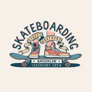 Authentic Skateboarding vintage print design for T-shirt with legs in sneakers standing on skateboard and heraldic ribbon with inscriptions.