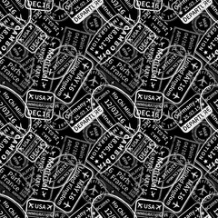White immigration stamps on dark background, seamless pattern