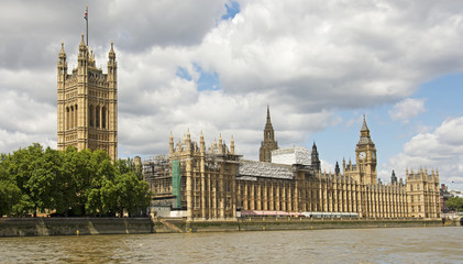 The historic Houses of Parliament from the River Thames in London.