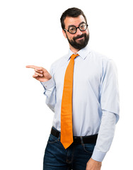 Funny man with glasses pointing to the lateral