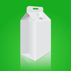 Milk cardboard packaging on green background. Universal liquid container