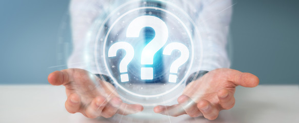 Businessman using question marks digital interface 3D rendering
