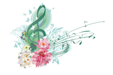 Naklejka premium Abstract treble clef decorated with summer and spring flowers, notes. Hand drawn vector illustration.