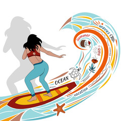 Design for a banner or flyer with a sea wave, flowers, a girl on a surfboard, a sea star, a turtle and a jellyfish.