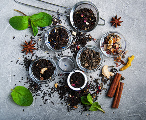 Aromatic dry tea in bowls