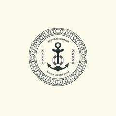 Sea and nautical typography badge and design element. Template for company icon or web decoration. Marine cruise, beach resort, shipbuilding Anchor, steering wheel. Vector collection. Logo
