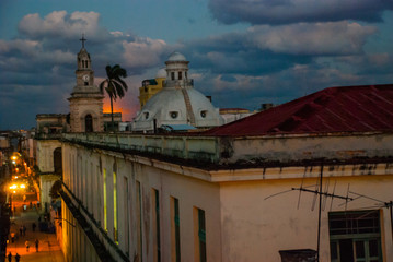 Night landscape. Top view of the street and the Cathedral. Havana. Cuba