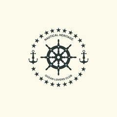 Obraz premium Sea and nautical typography badge and design element. Template for company icon or web decoration. Marine cruise, beach resort, shipbuilding Anchor, steering wheel. Vector collection. Logo