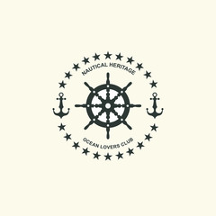 Sea and nautical typography badge and design element. Template for company icon or web decoration. Marine cruise, beach resort, shipbuilding Anchor, steering wheel. Vector collection. Logo